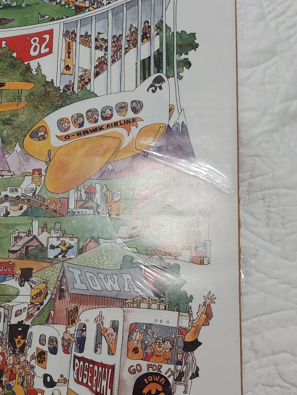 Iowa Hawkeyes Rose Bowl 82 Poster Illustrated Stadium Scene by John Holladay Vtg